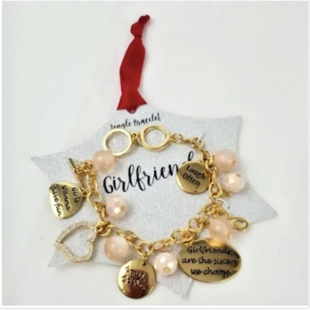 Girlfriend Toggle charm Bracelet Friends Gold faux pearls heart gold blush *